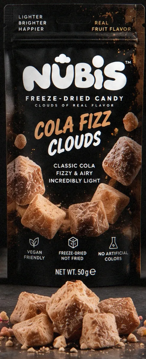 The Cola Fizz Clouds pouch with its candy in front