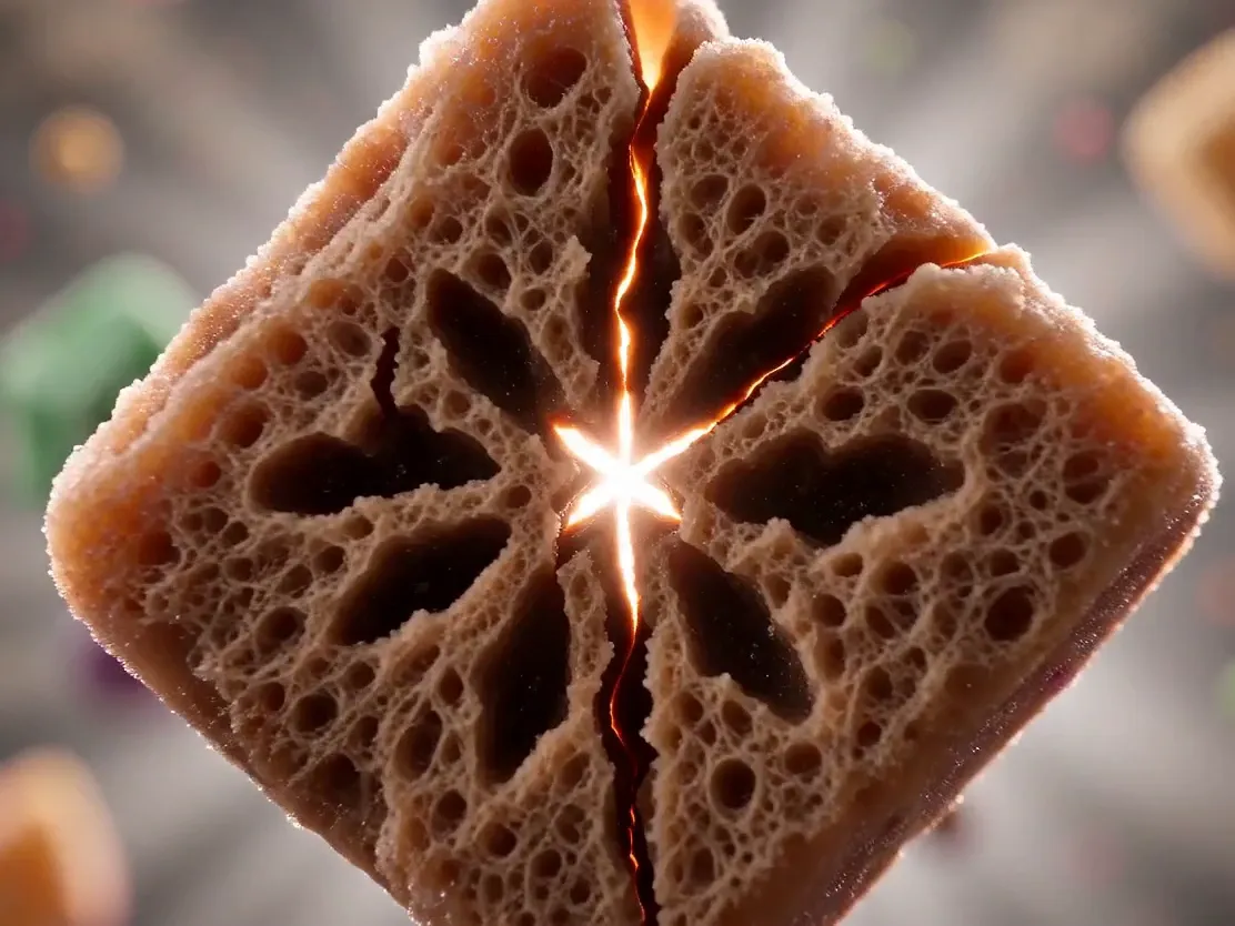 A candy cube cracking open, with light inside