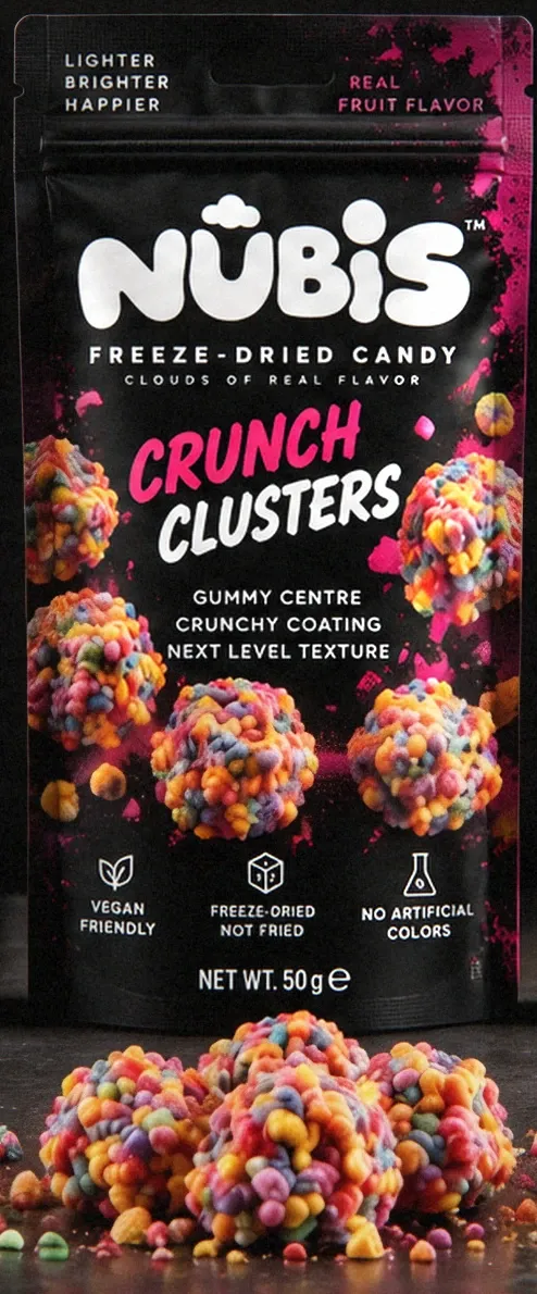 The Crunch Clusters pouch with its candy in front