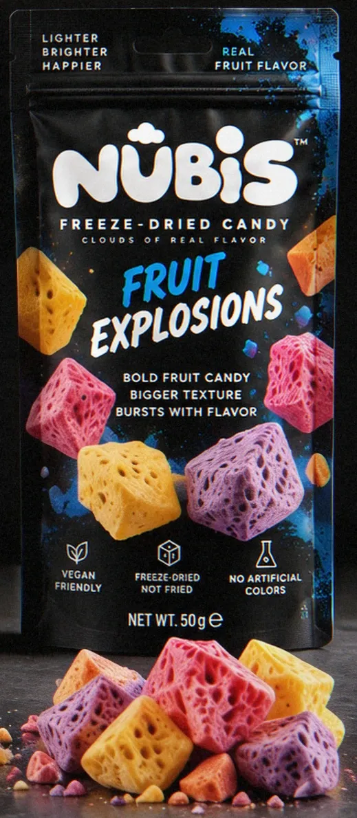 The Fruit Explosions pouch with its candy in front