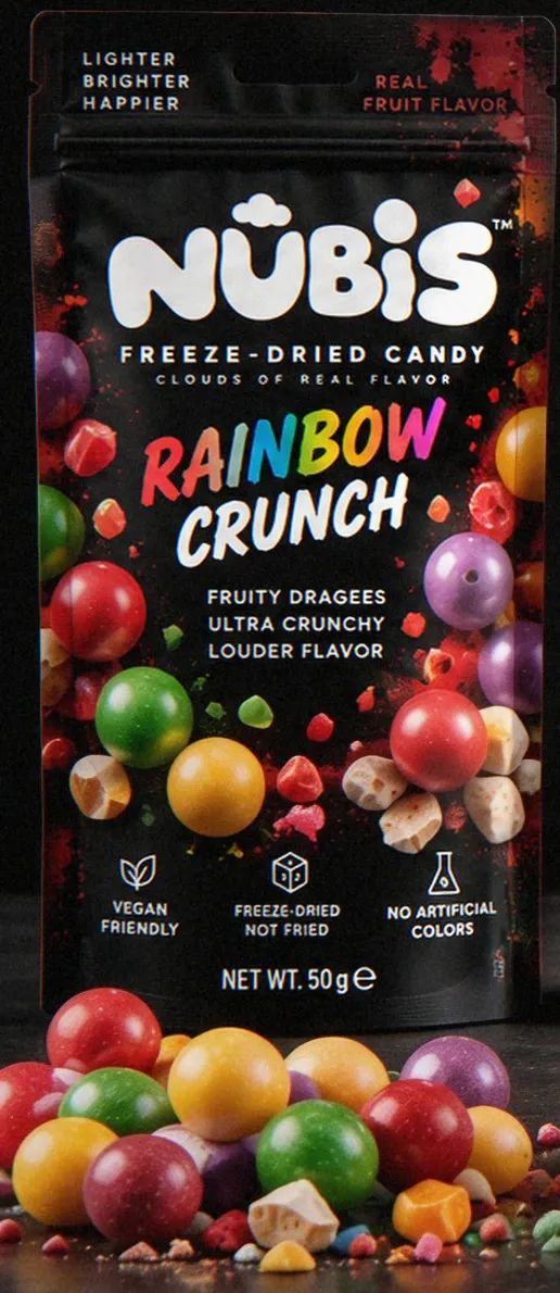 The Rainbow Crunch pouch with its candy in front