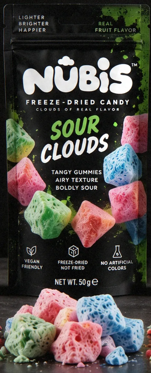 The Sour Clouds pouch with its candy in front